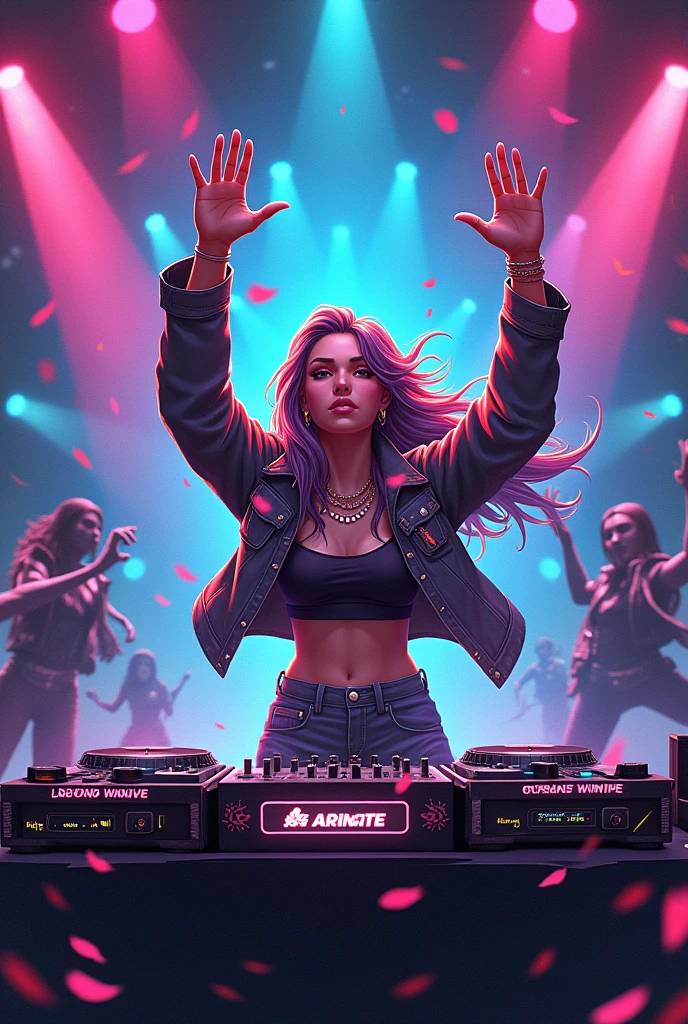 an event poster, music event, a female DJ at the front, 8k, girl, pretty face, sculpted body