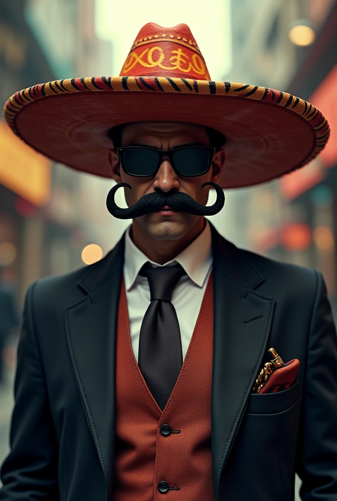 A man in a swindler&#39;s suit with dark glasses and a giant Mexican hat and a mustache 
