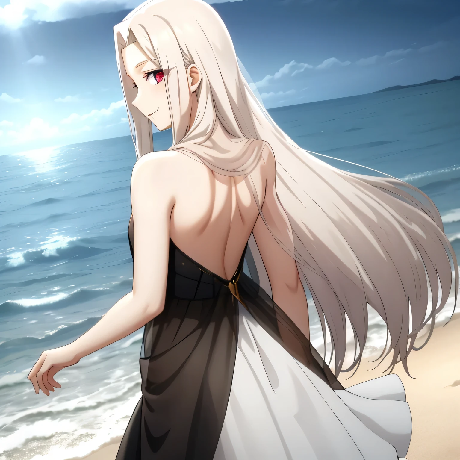 Irisviel, beautiful black with gold  sheer dress sleeveless,solo,,arm at side, in beach,angle from behind,from behind neck,looking at viewer from behind,Irisviel beautiful back,smiling from behind,