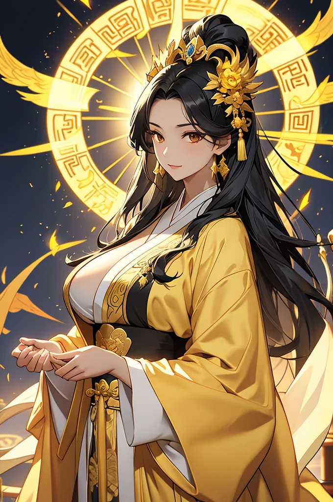 Black Hair, Immortal, Beauty, Royal sister, Stepmother, Gold Yellow Taoist robe, Golden Phoenix Coronet, Hair Bunch, Big Breasts , Mature Woman，Sunshine