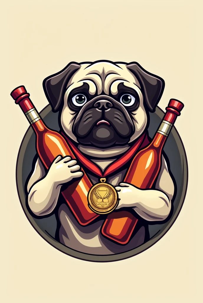 Make me a logo for a liquor competition team called “Omega”. Let the logo have a pug holding a bottle of alcohol and a champion medal
