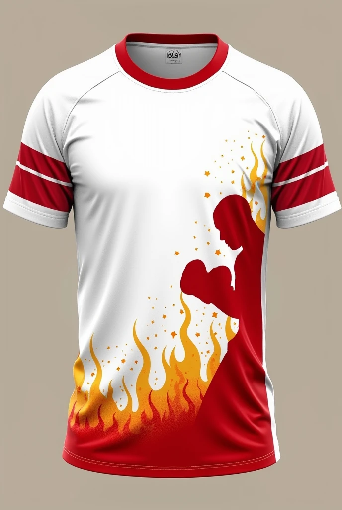 photo of a white and red team shirt with a fire print at the bottom and the silhouette of a boxer on the left side 