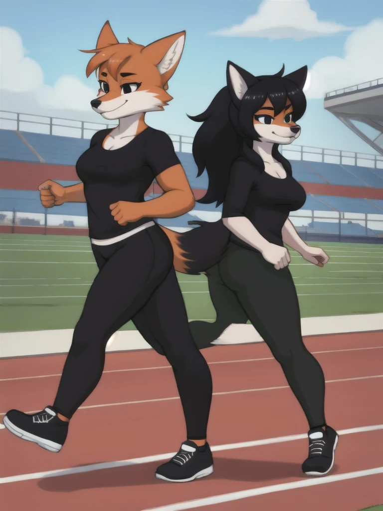 Furry, fox, female, black shirt, black leggings, shoes, running track, friends, full body