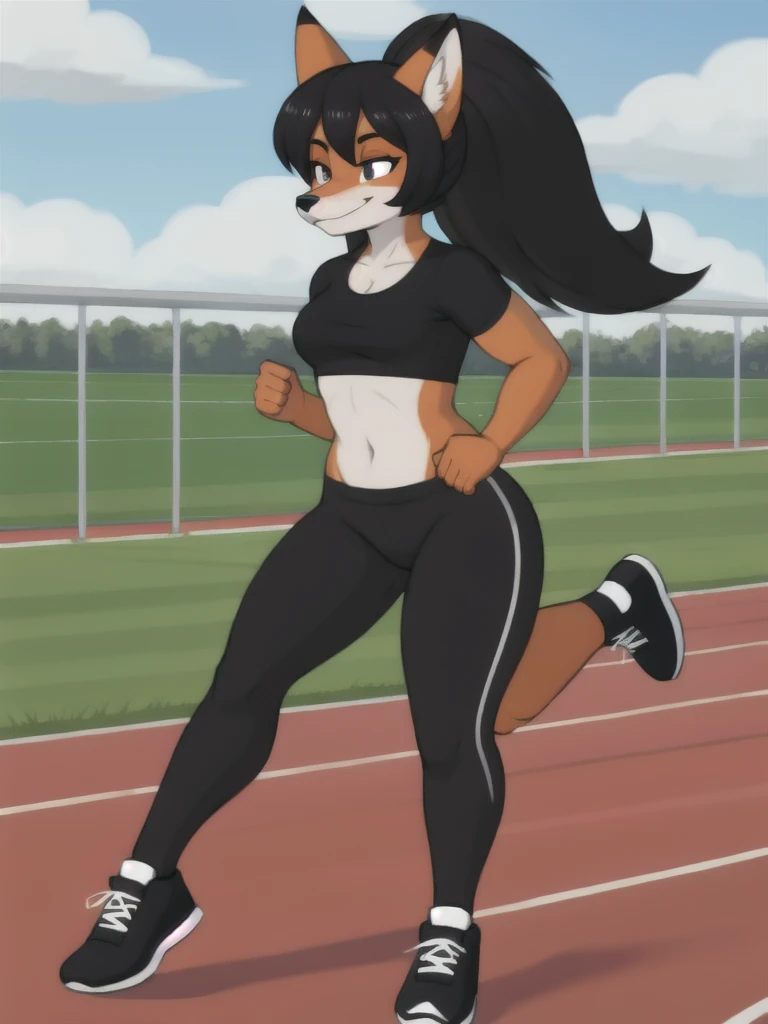 Furry, fox, female, black shirt, black leggings, shoes, running track, friends, full body