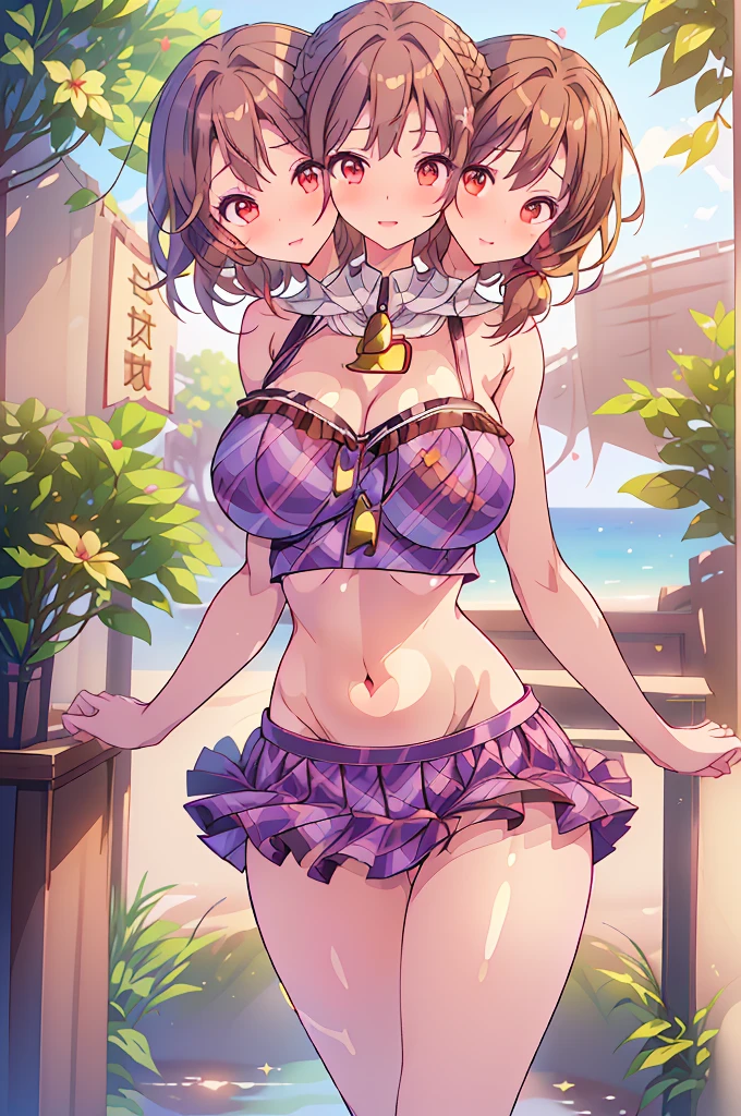 (masterpiece, best quality), best quality, (ultra-detailed), (((3heads:1.5)))), 1girl, (sumireko usami:1.3), masterpiece, best quality, ultra quality, ultra resolution, ultra detail, purple plaid top, crop top, ((stomach)), midriff, ((groin)), purple plaid skirt, normal ears, shackles, brown hair, shoulder-length hair, short pigtails, short hair, ((brunette)), sidelocks, brown eyes, detailed eyes, parted lips, smiling, cute smile, cute, open belly, toned belly, hand on own chest, eyelashes, (24 year old woman:1.3), (masterpiece:1.5), (best quality:1.5), (beautiful detailed), extremely detailed CG, extremely delicate and beautiful, depth of field, (finely detailed face), (perfect details:1.2), (mature female:1.3), wide pelvis, slender, large veiny breast, 16k resolution, highres, very high quality, very high definition, extremely detailed, masterpiece, brown hair,short hair, alluring presence, braid, short skirt, close up, very big tits, huge tits, young, fedora, girl with three heads, three headed girl,