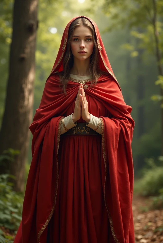 Perfect hand 5 finger, Portrait of a beautiful virgin mary wearing red clothes of queen in the forest, virgin mary, real blue eyes, sunny day, intricate details.real virgin mary, straight head face, Straight body.Prayer jesus, perfect full body,  perfect hands finger,Prayer virgin mary, praying virgin mary backgrounds natural photographic