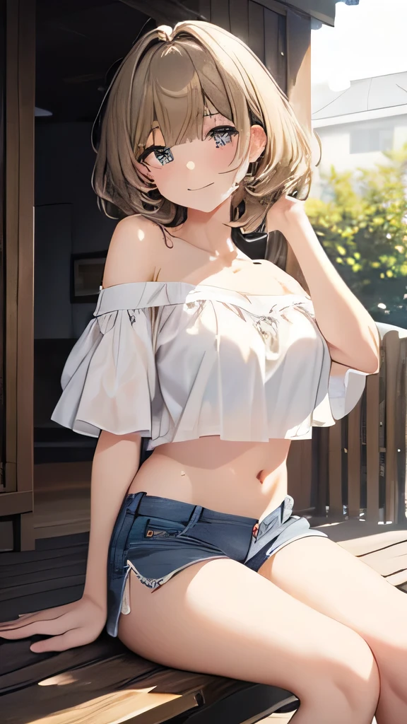 Sweaty Momoko, casual, Leaning forward, White flower, smile, short hair, , light Brown Hair, Brown Hair, clavicle,  Wavy Hair, Holding, Mouth closed, blue eyes, blush, One girl, Hair Flowers, V-shaped eyebrows, hair ornaments, Ahoge, Are standing,, Eyebrows visible through hair,, Hands on hips, indoor ,Nipples stand up and are see-through