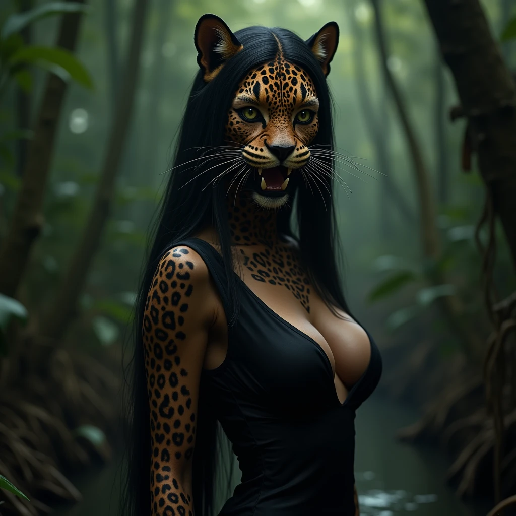 A leopard-beautiful woman hybrid wearing a black dress and baring her fangs on the beach、Leopard Ears、Beard meat、 Longitudinally long pupils、long, straight black hair、Ideal body type、Big Breasts、Tight waist、Detailed skin、Beautiful woman、Tropical background mangrove forest、Mythical creatures、Realistic、Very detailed、8k、masterpiece、Dramatic lighting、Cinematic、elegant、Felidae、Powerful、Strong gaze、Perfect Skin、Exquisite detail、Dynamic pose、Atmospheric、Stunning colors、Chiaroscuro