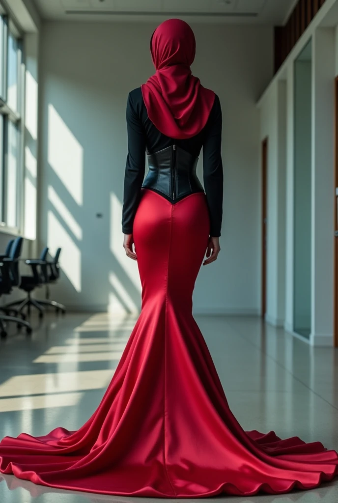 A woman, see on camera, draped in an elegant silk red skirt with a long train cascading behind her, stands poised in an office setting, corset cinching her waist, hijab styled atop her head, mermaid-style satin skirt embracing her form, skirt flowing with a dramatic sweep, juxtaposed against the stark office environment