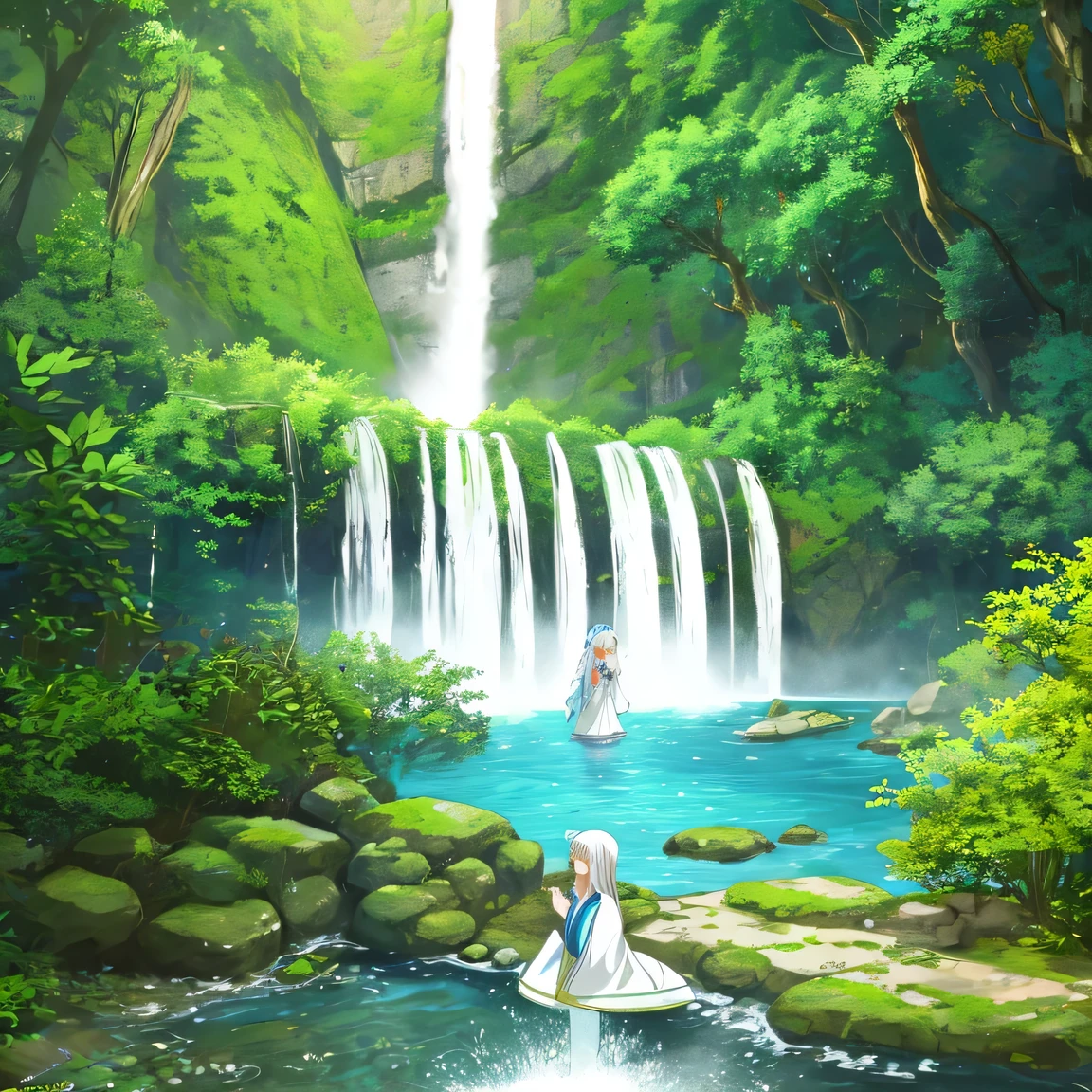 Waterfall surrounded by greenery、A beautiful girl in white robes being showered by a waterfall during a waterfall training session、Anime-style illustrations