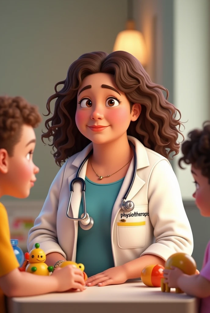 A white woman, gorda, brown curly hair, in a lab coat with Physiotherapist written on the side, sitting at a table with children&#39;s toys and a wine stethoscope
