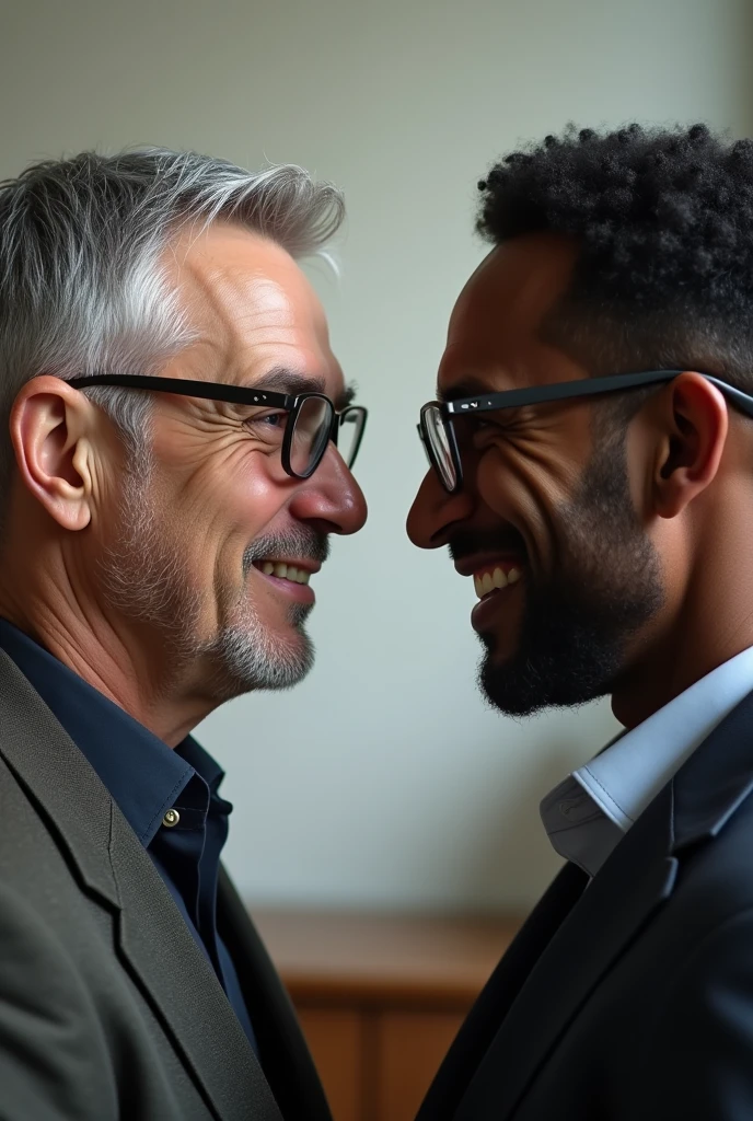 A combination of two men with glasses, one with white skin and the other with dark skin.