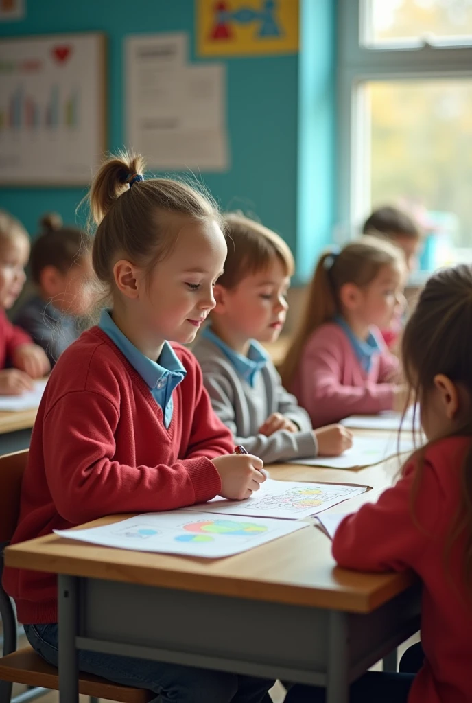 Developing cultural and intellectual skills, education according to the curricula prescribed for students , receiving information in the classroom, a close-up picture of a 2 swedish students wearing a red uniforms sitting on a school desk, performing school assignments