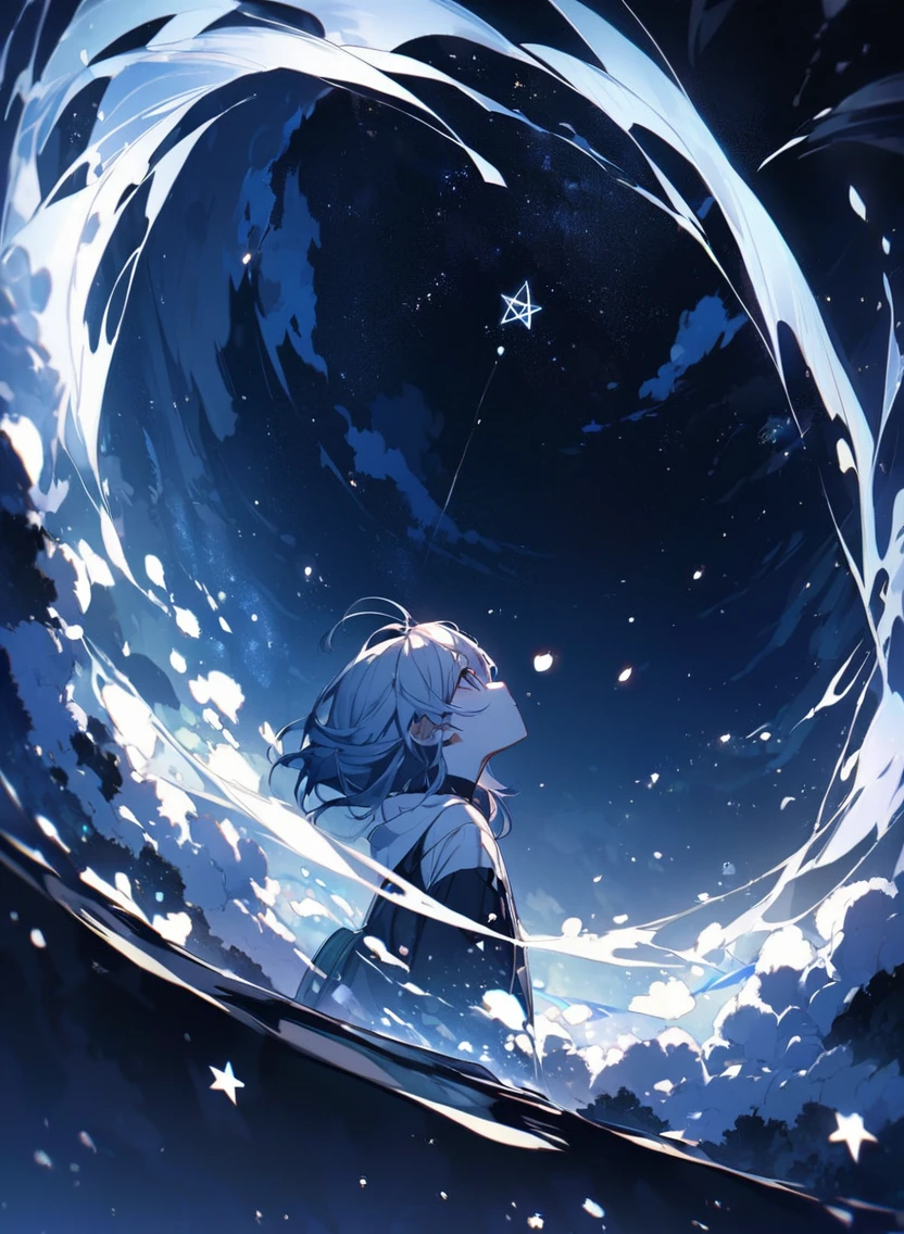 Pentagram floating in the night sky、The scene where Abe no Seimei is looking up at it