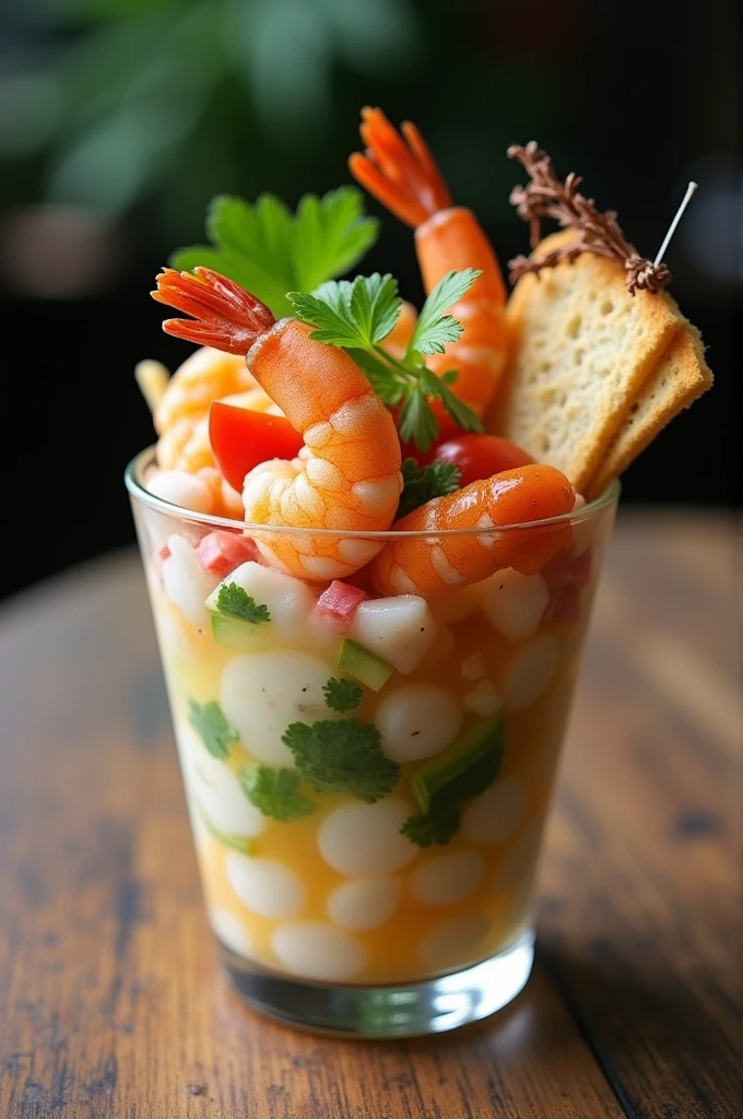 Shrimp and octopus cocktail Shrimp and octopus served in a glass bathed in a house sauce with avocado, cilantro, tomato, accompanied by toast or crackers.