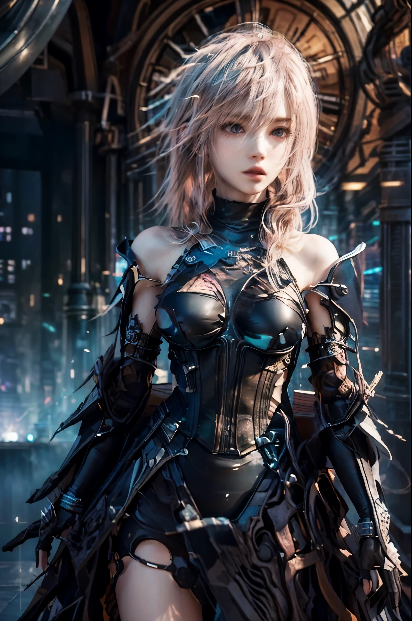 masterpiece, best quality, extremely detailed CG unity 8k wallpaper, Cool woman, Black detailed cyberpunk long coat, black long skirt dress, The background is a realistic cityscape, Anatomical Hand, Realistic texture, bokeh photography, (soft focus):1.2, out-of-focus highlights, dreamy ambiance, glowing circles, mesmerizing depth, Depth of subject