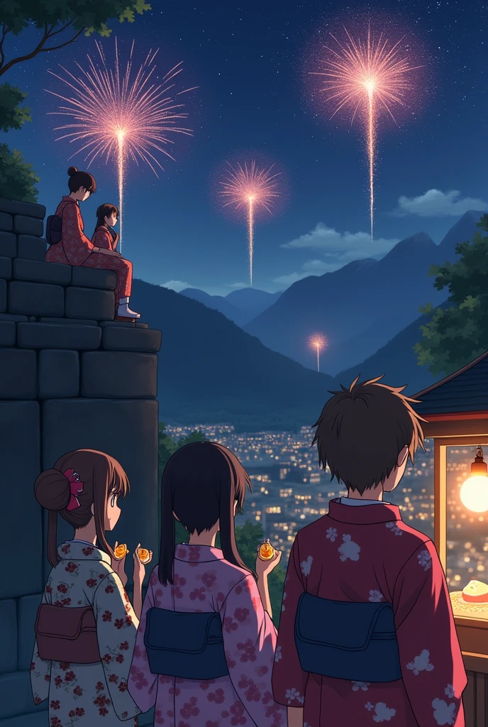A group of five people in yukatas watching fireworks. Two women are sitting on the stone steps watching the fireworks on the top step.、Three men are on the bottom row, holding things they bought from a food stall, looking at me.