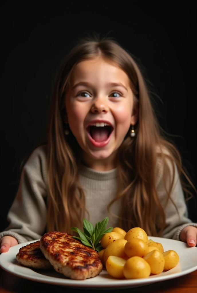 Generates an excited and happy young woman looking at a delicious plate with grilled meats and potatoes. The background of the photograph must be black and warm tones
