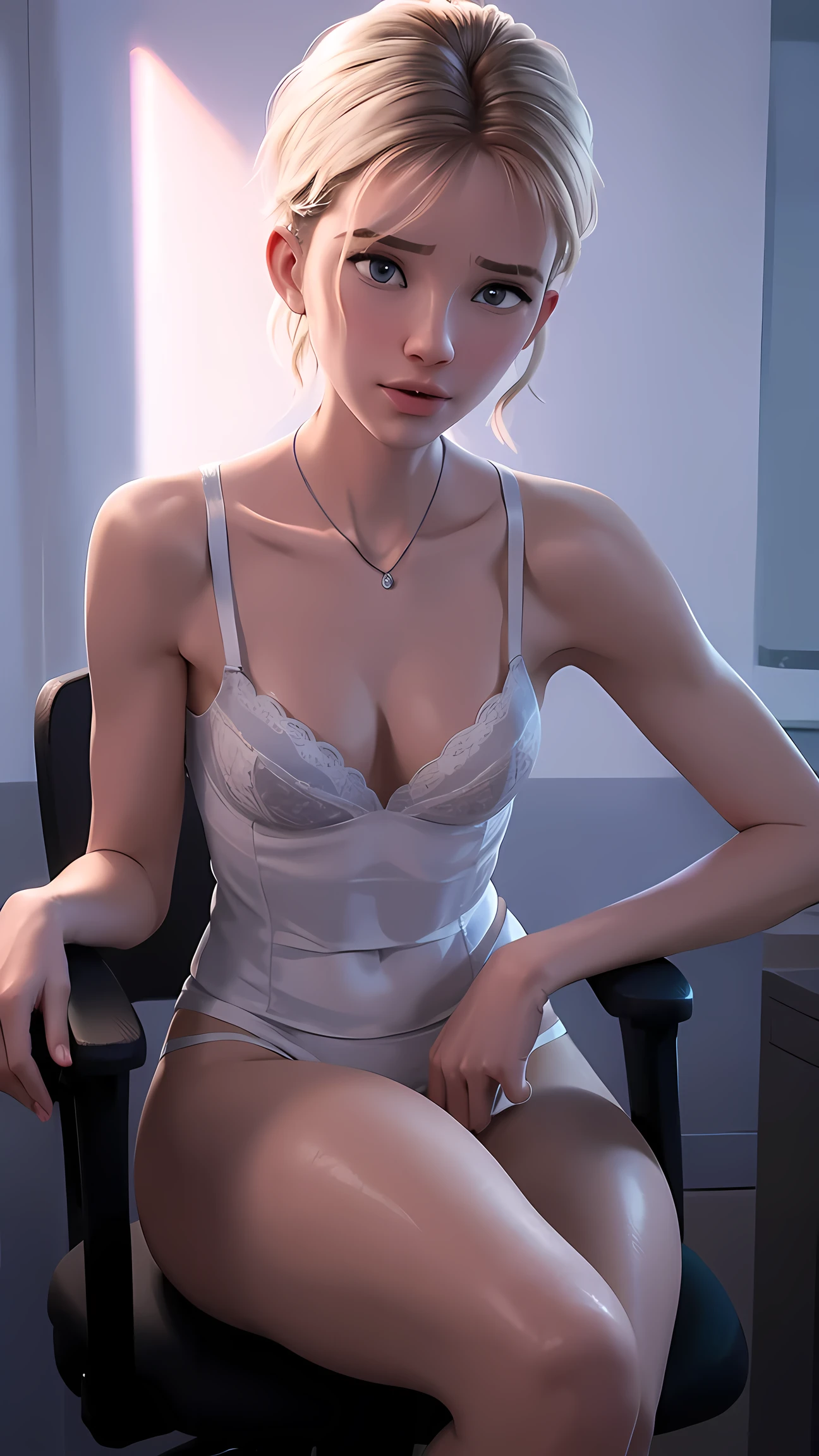 neckleace, [soft ambient light],Background of a desk,(Beautiful One Girl),SCWEN, (secretary of 20 years)) [short-hair] ((very muscular)) [Scrawny],(Selfie) etching [sweaty],[details face],(Beautiful skin expression [transparency]),(More about beautiful skin),[Realistic papilla details],[Physical details],(Physical details realistas),Eros no Corpo Natural,[ideal anatomy],[Desaturation],(high qualiy),(high resolution),((smallboobs)),(((lingerie))),removing her clothes, lingerie, pantyhose,  sitting, office chair, ((legs spread open)) legs spread open , sensuous