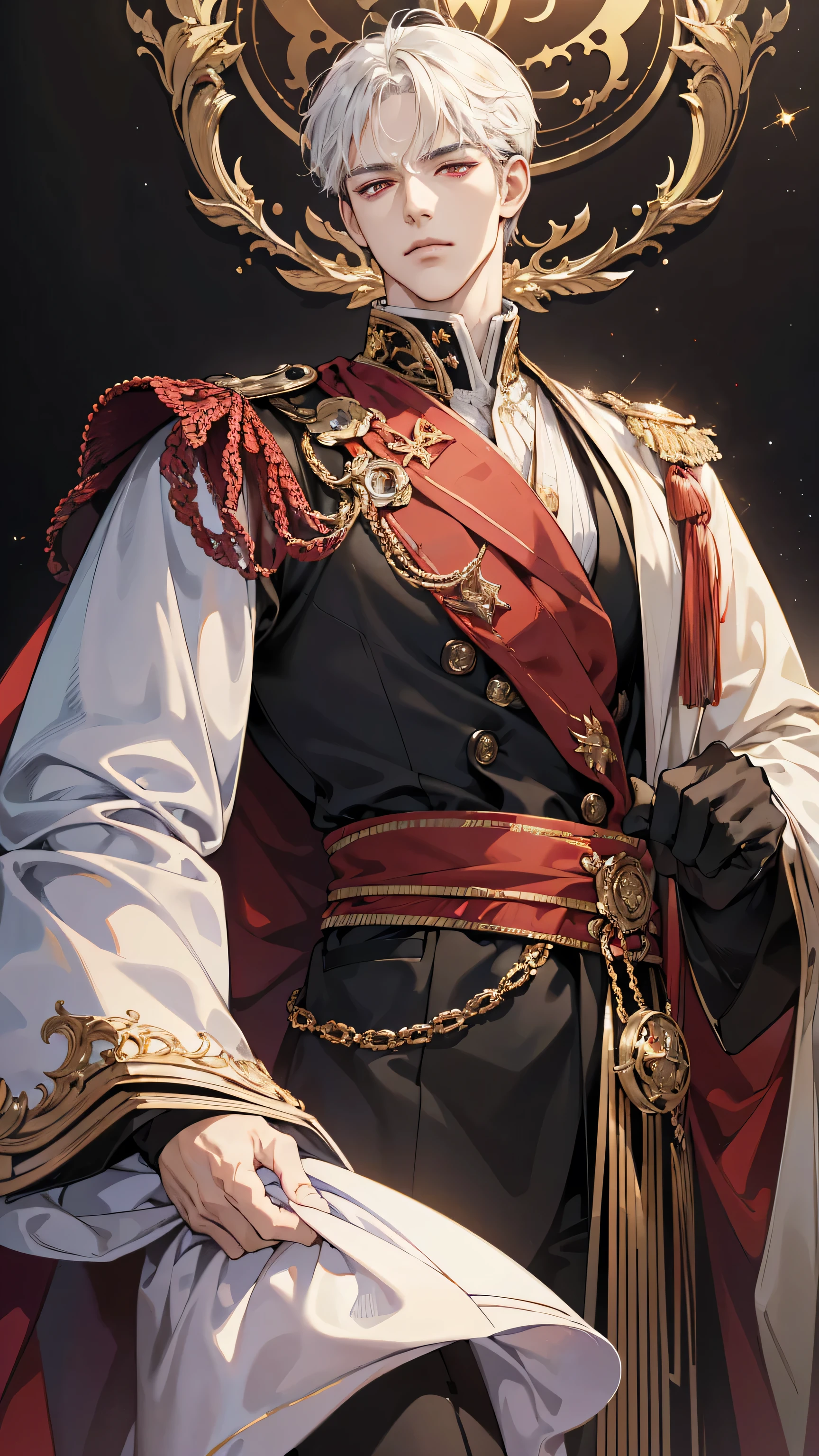 {(best quality, 8k, masterpiece, HDR, soft lighting, perfect image, digital illustration, manhwa art, hyper detailed image, perfect lines, realistic)} 1 very handsome man, short white hair, bright red eyes, clothes luxurious, prince clothing, regal, (imposing posture, smirking expression), {(black background with golden sparkles)}