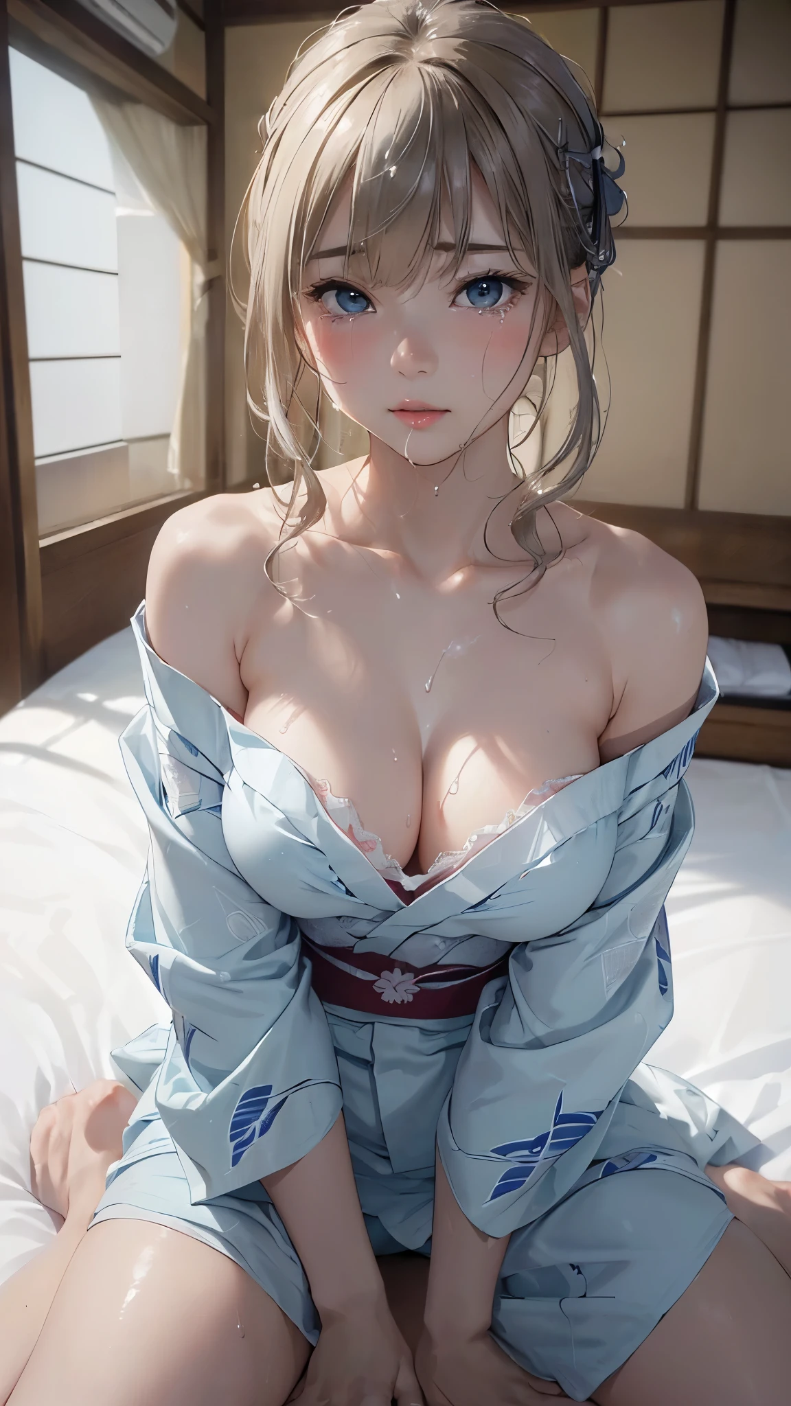 (masterpiece: 1.3), (Maximum resolution: 1.2), (Ultra HD TV: 1.2), Cinematic Light, 8k resolution, Detailed facial features , (Sharp focus: 1.2), (Focus on the face:1.2),Perfect Style, Beautiful Face, Acura, Anatomically correct, Highly detailed face and skin texture, Beautiful Eyes,Beautiful Eyes, Thin eyebrows, Natural Cheeks, Glowing Skin, Fair skin: 1.2, (Glossy Lips: 1.4),、 (Embarrassed look: 1.2),Highly detailed face and skin texture, Natural Cheeks, , Glossy Lips: 1.4,Perfect Style、Cleavage、Soft Breasts、(Semen on chest:1.4)(Cum on thighs 1.2)、 Drenched in sweat、blush、A humiliating look、Anxious expression、Frightened expression、Embarrassed look、anger、sorrow、tears、Open your knees、Spread your legs、 White underwear、Disheveled clothes、sweating、Thin underwear、28 years old、 Mature Woman, A clean-cut woman,1 person、 Upward-facing chest, Japanese-style room、Late Night、Silver Hair、Blonde、Blue Eyes、Green Eyes、Beautiful Eyes、(kimono:1.3)、Clothes that have been taken off、masturbation behavior、At the bed、(behind、At the bedLying down、Lying down、White sheets:1.7)、coiffed hair、