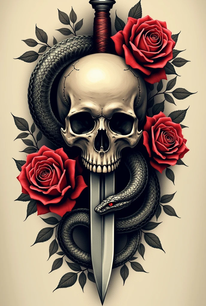 Create a tattoo with a skull, serpent, dagger and roses 
