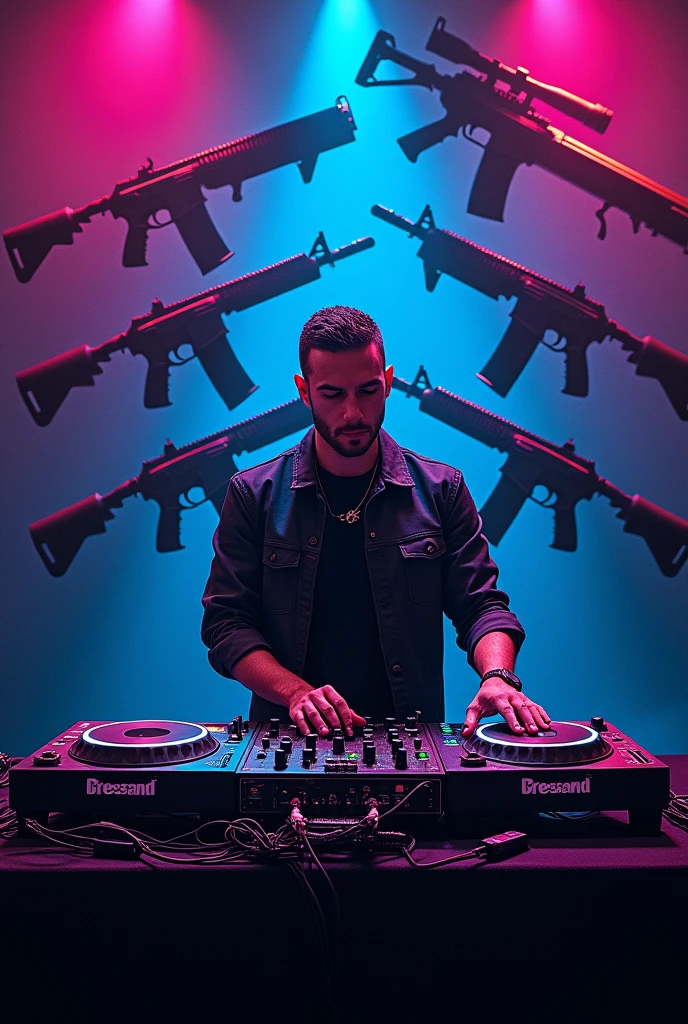 I would like an image that says "DJ TOVA MALEANTEO" WITH A MAN AT A TURNTABLE AND GUNS IN THE BACKGROUND
