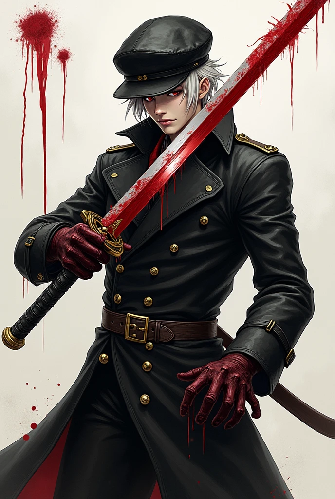 Light skinned, 25 years old Possessed swordsman with red pupils and short hair wearing a black leather cap, black trenchcoat, blood stained gloves and holding a blood stained Odachi (drawing style, not humanized)