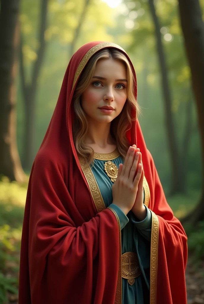 Perfect hand 5 finger, Portrait of a beautiful virgin mary wearing red clothes of queen in the forest, virgin mary, real blue eyes, sunny day, intricate details.real virgin mary, straight head face, Straight body.Prayer jesus, perfect full body,  perfect hands finger,Prayer virgin mary, praying virgin mary backgrounds natural photographic