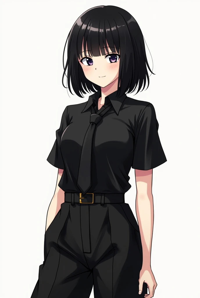 draw a girl who is 1.75 meters tall, with black layer bob hair, wearing a black shirt, black tie, and wide-legged black pants in the style of the manga Sakamoto Days?