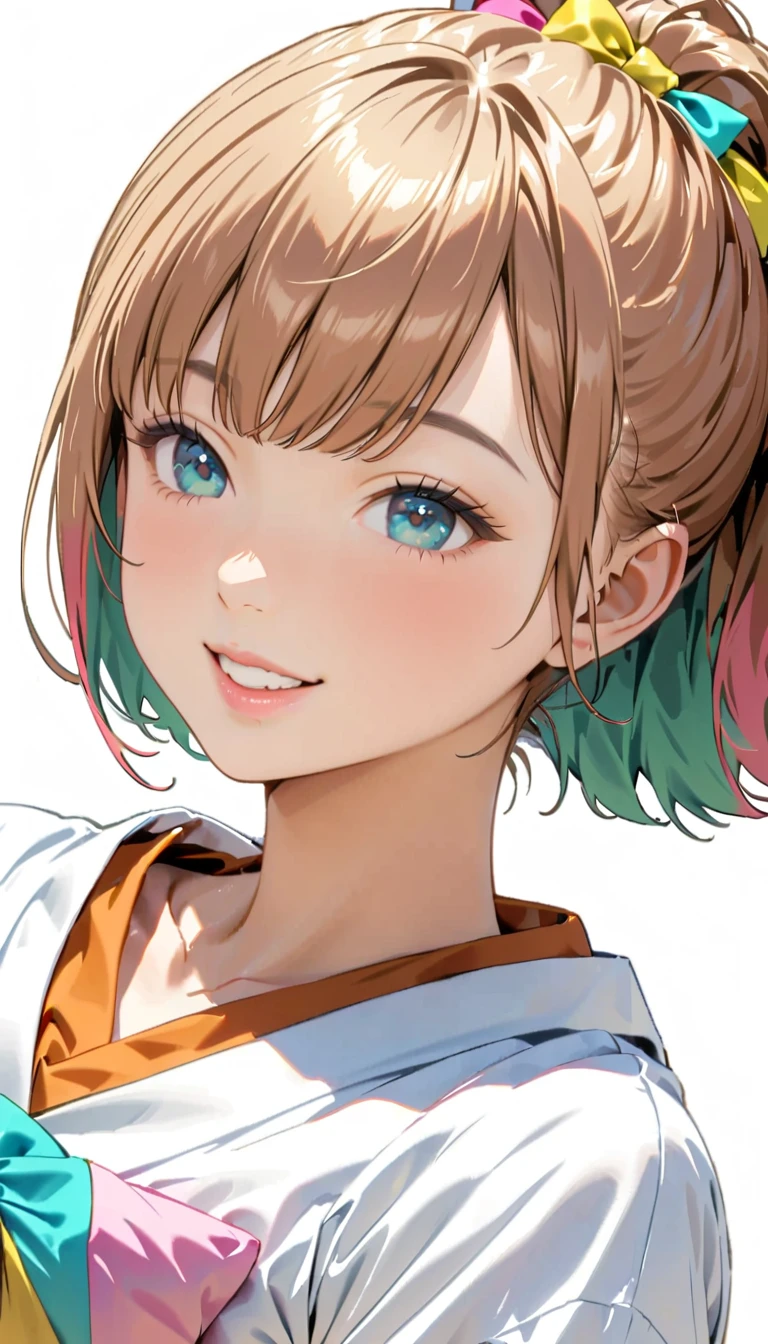 (Highest quality:1.2, City Pop Style, Very detailed, Latest, Vibrant, High Contrast, masterpiece:1.2, Highest quality, Best aesthetics), girl, ((Face Up Shot:1.4)), Colorful Hair, Bobcut, Loose and fluffy hair,  パーカーを着ているgirl, Lips pink, lip, smile, Odd Eye, pastel colour, 1980s style, ((Retro, Vintage, Plain background))