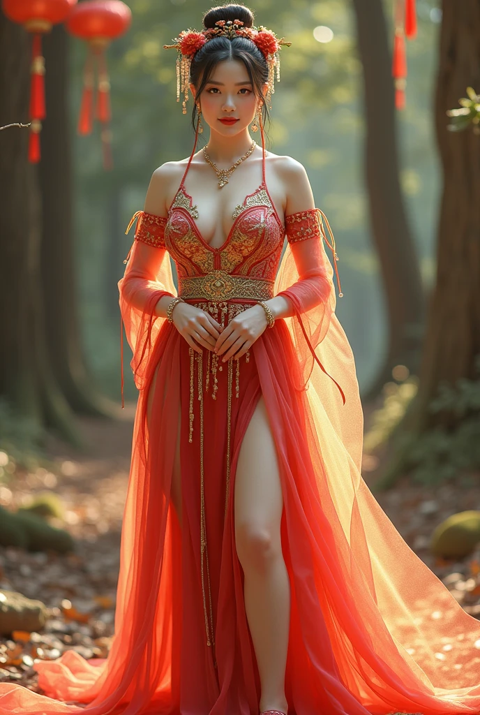 Chinese girl with coins gold , thick body, curvy body, curvy waist, big breast, white skin, gorgeous costumes embroidered with intricate embroidery, exposed breasts, flowing tulle, transparent long colorful ribbons tied on the arms, inspired by chinese movie, showing navel, bare shoulders, bare neck, hair in a high bun with flower hairpins, ribbons on arm rings, wreaths, bracelets, anklets, high heels, metal chain tassels on the waist, Mogao Grottoes art, ink painting, cgstation pop, in the forest, ((fullbody)), ((super realistic))