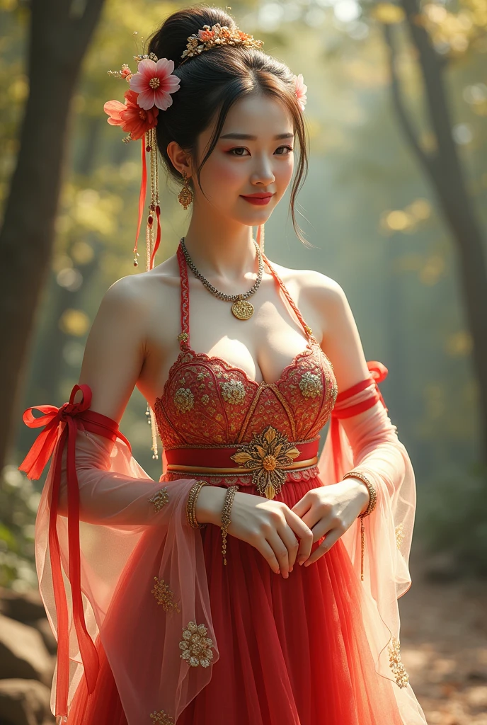 Chinese girl with coins gold , thick body, curvy body, curvy waist, big breast, white skin, gorgeous costumes embroidered with intricate embroidery, exposed breasts, flowing tulle, transparent long colorful ribbons tied on the arms, inspired by chinese movie, showing navel, bare shoulders, bare neck, hair in a high bun with flower hairpins, ribbons on arm rings, wreaths, bracelets, anklets, high heels, metal chain tassels on the waist, Mogao Grottoes art, ink painting, cgstation pop, in the forest, ((fullbody)), ((super realistic))