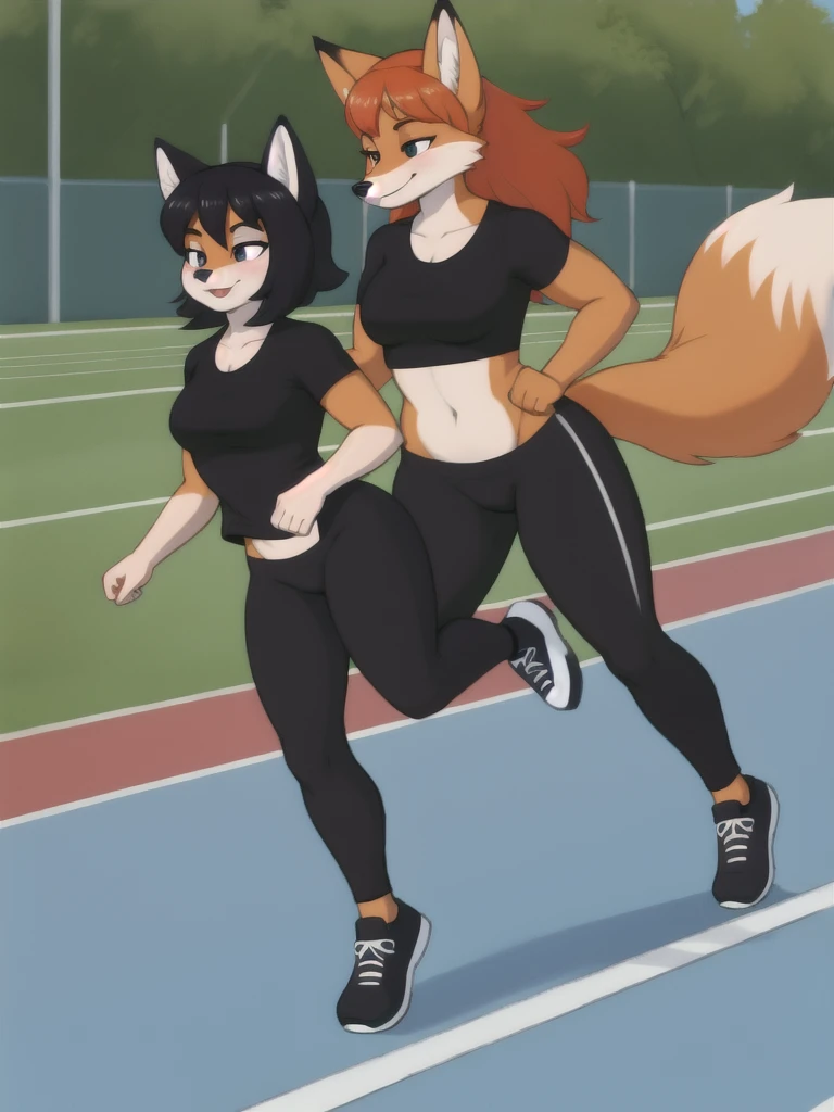 Furry, fox, female, black shirt, black leggings, shoes, running track, friends, full body