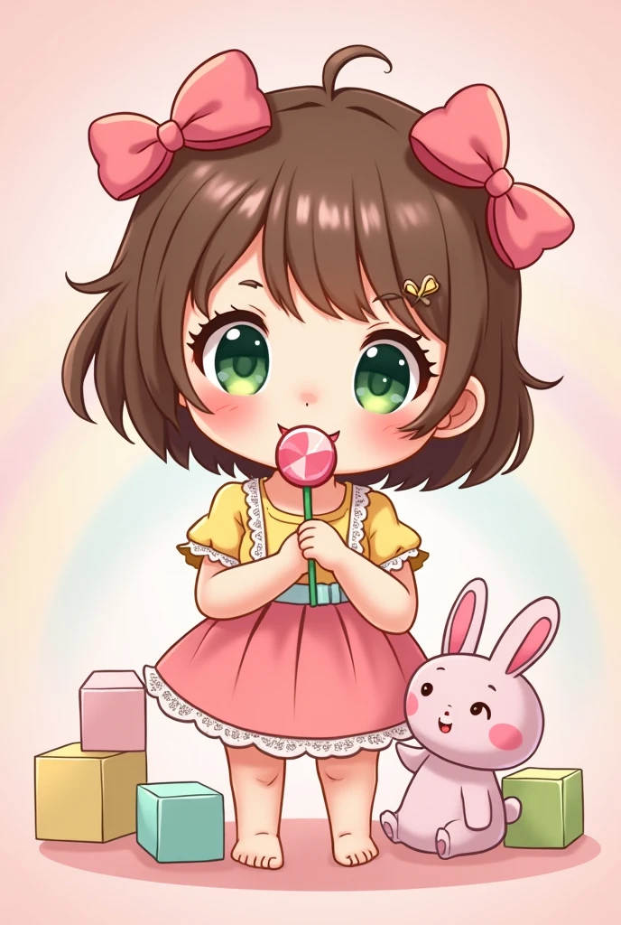 Kawaii, toddler girl, pink, pink bows, brown hair, green eyes, cute cartoon girl, lace, pastel yellow, Young kid, lollipop in mouth, baby blocks, stuffed animal bunny, pink skirt, yellow shirt, pink rainbow pastel background, high quality,