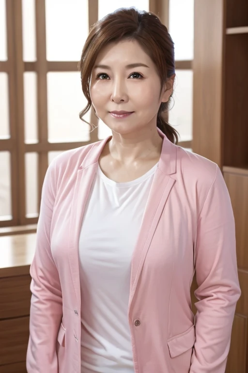 Home、40-year-old female、Front of face、ID photo,Pink suit、White shirt inside,expression、Low Ponytail、like grandma
