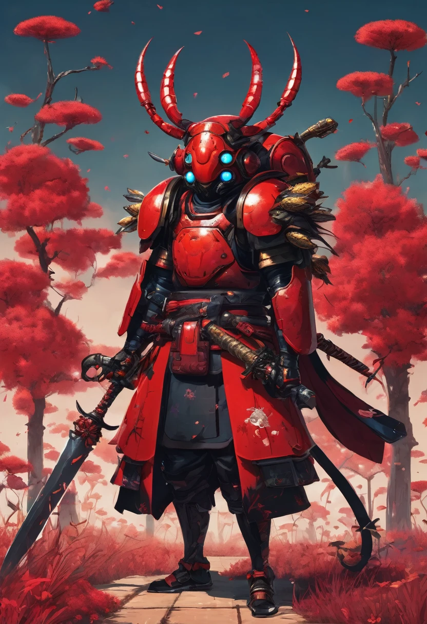 A character holding a large, sword-like weapon with a blade that resembles a beetle's horn. He is surrounded by smaller, insect-themed weapons, such as shurikens shaped like bees. The overall aesthetic is a mix of samurai and sci-fi, with a strong emphasis on the color red.