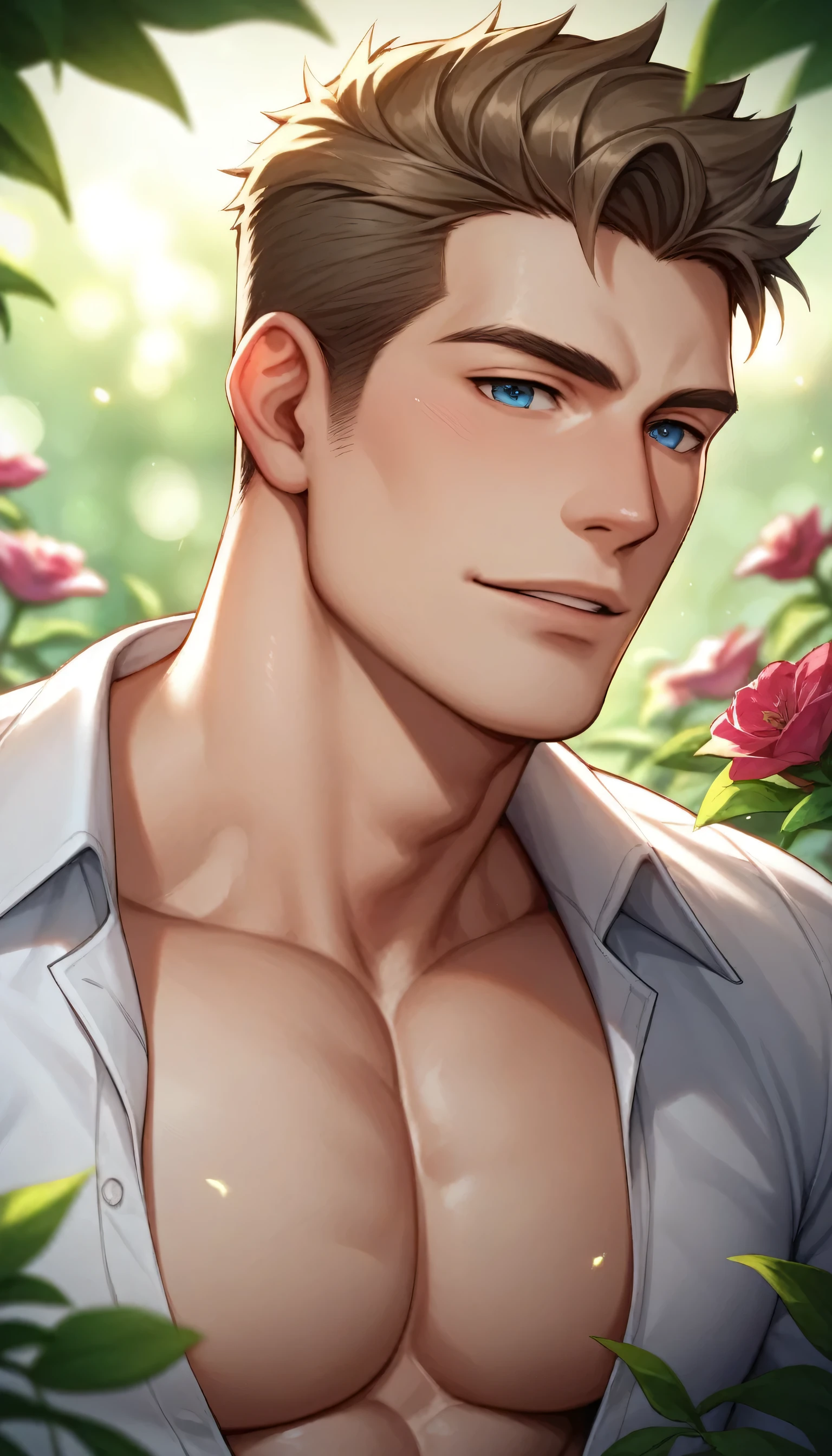 best quality, masterpiece, extremely detailed, sexy, homoerotic, close up, extremely handsome man, muscular bodybuilder, another man fucks his pecs, in lush garden, different colorful flowers, extremely magical romantic atmosphere, ambient lighting, dramatic shadows, perfect face, perfect hand, perfection