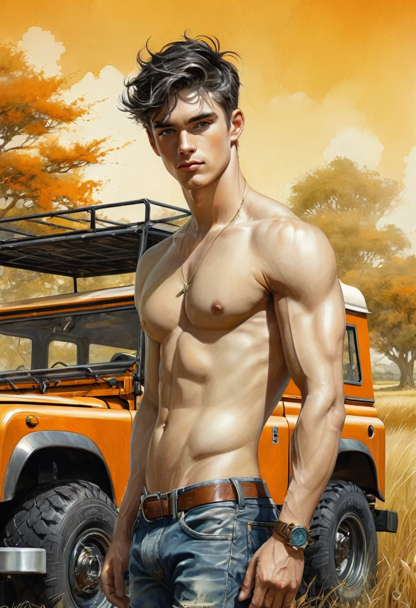 Kevin Sloan an roberto ferri style..., neutral soft colors., 8k resolution, full body, handsome, In the artistic style of norman rockwell, splendid naked, thin and ripped body, detailed realistic muscles, swimming suit, 20 years old. full body, male model. black hair, green eyes, male gaze. handsome. bodybuilder swimsuit, romanticism, symbols and metaphors. Beautiful details, quirky, distinctive images, stylistically diverse painting, Intricate detailsfull body, 20 years old man, shirtless, barefoot, wearing jeans, wearing a toe ring beautifull, gorgeous, perfect realistic detailed muscles, muscled legs, adorable face, taller, masculine gaze, confident look, soft perfect white skin, barefoot, blue eyes, perfect anatomy, portrait, a painting of a young man Pencil Sketches by Albert Eckhout enchanting, gracefully beside a metallic orange Land Rover parked on a sun-drenched grassy field, with a stately plantation intense yellow house in the background fullcolor, sticker of a full body picture of a beautyfull young man, highly detailed beautyfull face, freedom, soul, digital illustration, approaching perfection, dynamic, highly detailed, watercolor painting, artstation, concept art, smooth, sharp focus, illustration in the style of artists like Russ Mills, Sakimichan, Wlop, Loish, Artgerm, Darek Zabrocki, and Jean-Baptiste Monge (homoerotism_fullbody_nsfw_seductive) Industria: 1 man standing gracefully beside an orange Land Rover parked on a sun-drenched grassy field, with a stately plantation intense yellow house in the background
View from the front, fullbody
vivid and intense color palette
intrincated detailes
pastoral and idyllic landscapes., symbols and