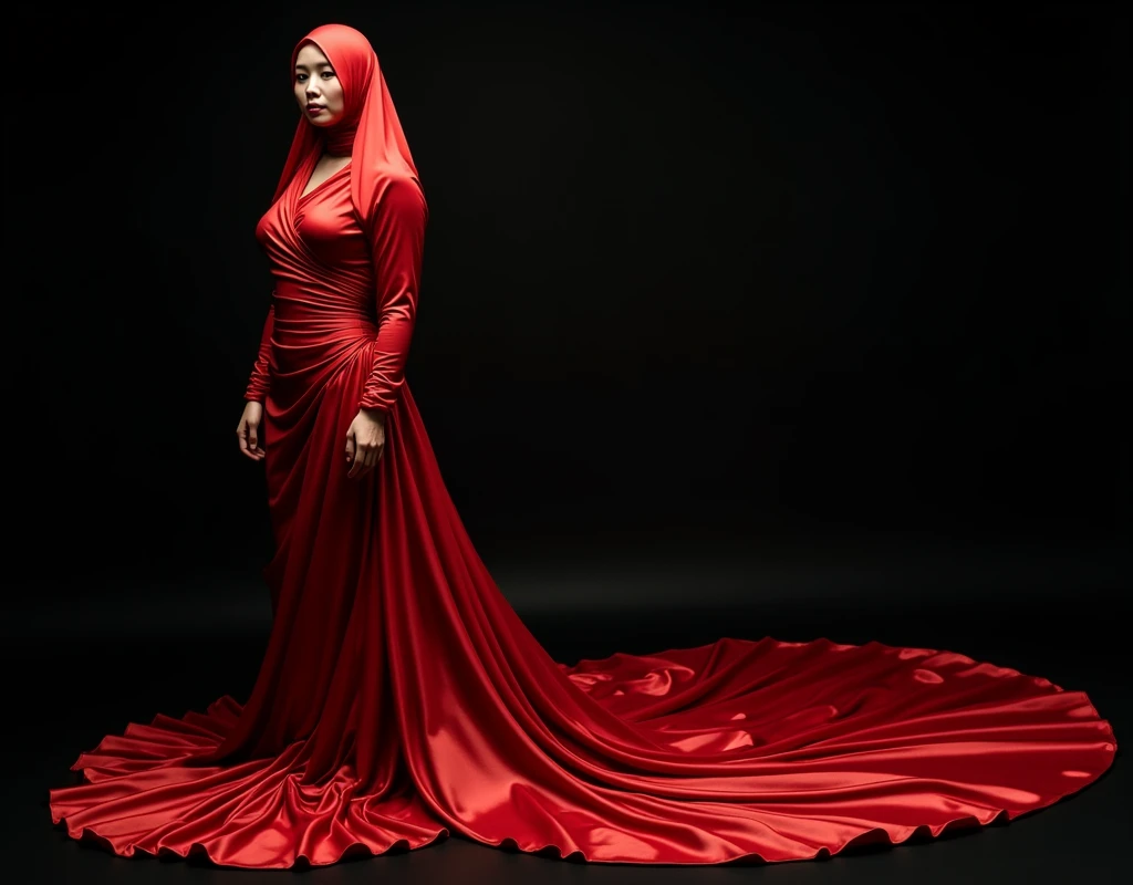 Asian woman mummified in red satin, mermaid-style, fabric clings tightly, immobile, full-body encapsulation, entirety of fabric about 7 meters in length trailing dramatically, overlong satin train, extreme detail on the texture of the satin, highlighting its reflective quality, cinched at the ankle, vibrant red against monochrome background, dramatic lighting, ultra realistic, high-resolution photography.