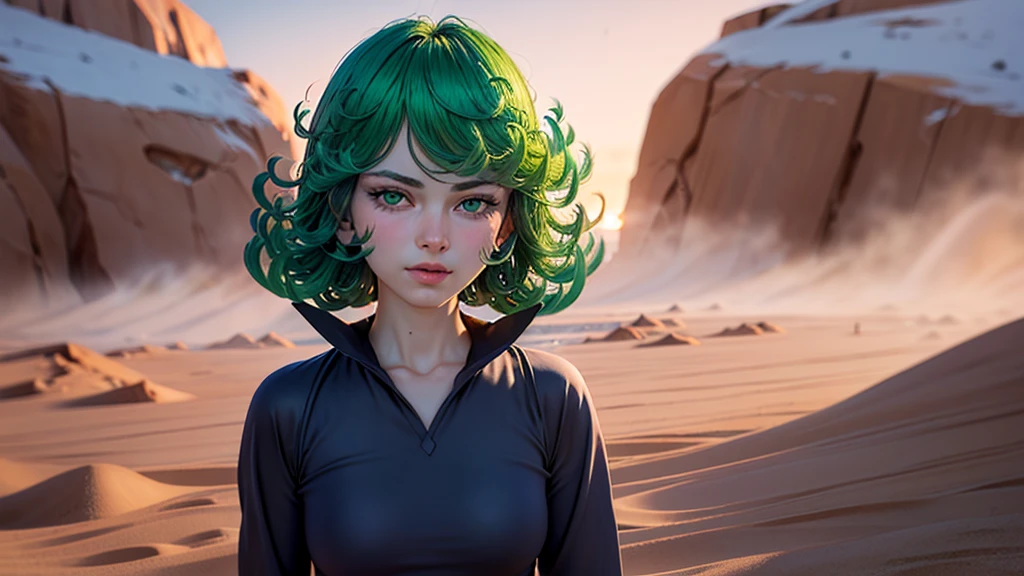 (work of art, best qualityer:1.4), (whole body), 1 girl, standing alone, out, in a desert with sand and dust, tatsumaki, (pelvic curtain:1.2), long sleeves, black gown, (hair green), shorth hair, medium breasts, beautiful smiling, beautiful face, high-detailed face, highly-detailed eyes, highly detailed skin, skin pore, floating with a green aura, underground dispersal, realisitic pupils, full-face blush, fleshy lips, Depth of field, volumetric lighting, sharp focus, absurderes, realisitic proportions, good anatomy, (realisitic, hyperrealisitic:1.4), 16k hdr