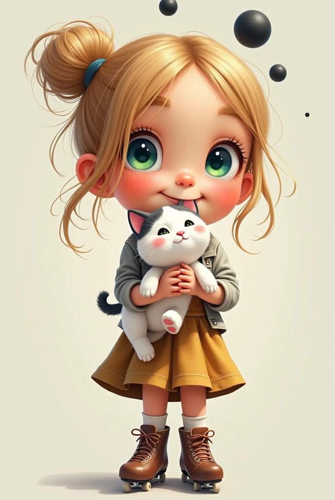 6 white, dark blonde bun hair, without bangs and with skates on the feet. Blue eyes with green rays around the iris. Holding a white and white kitten and two black balls above its mouth.