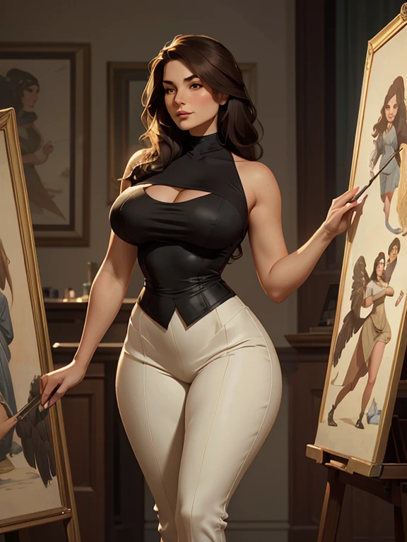 A beautiful woman with large elegant, hawk-like-nose, who embodies old fashioned class, sophistication, elgance as well as wholesome, natural beauty. curvy, thin-waist, wide-hips, swaying-hips. In the combined styles of painters Greg Rutkowski, Thomas Kinkade