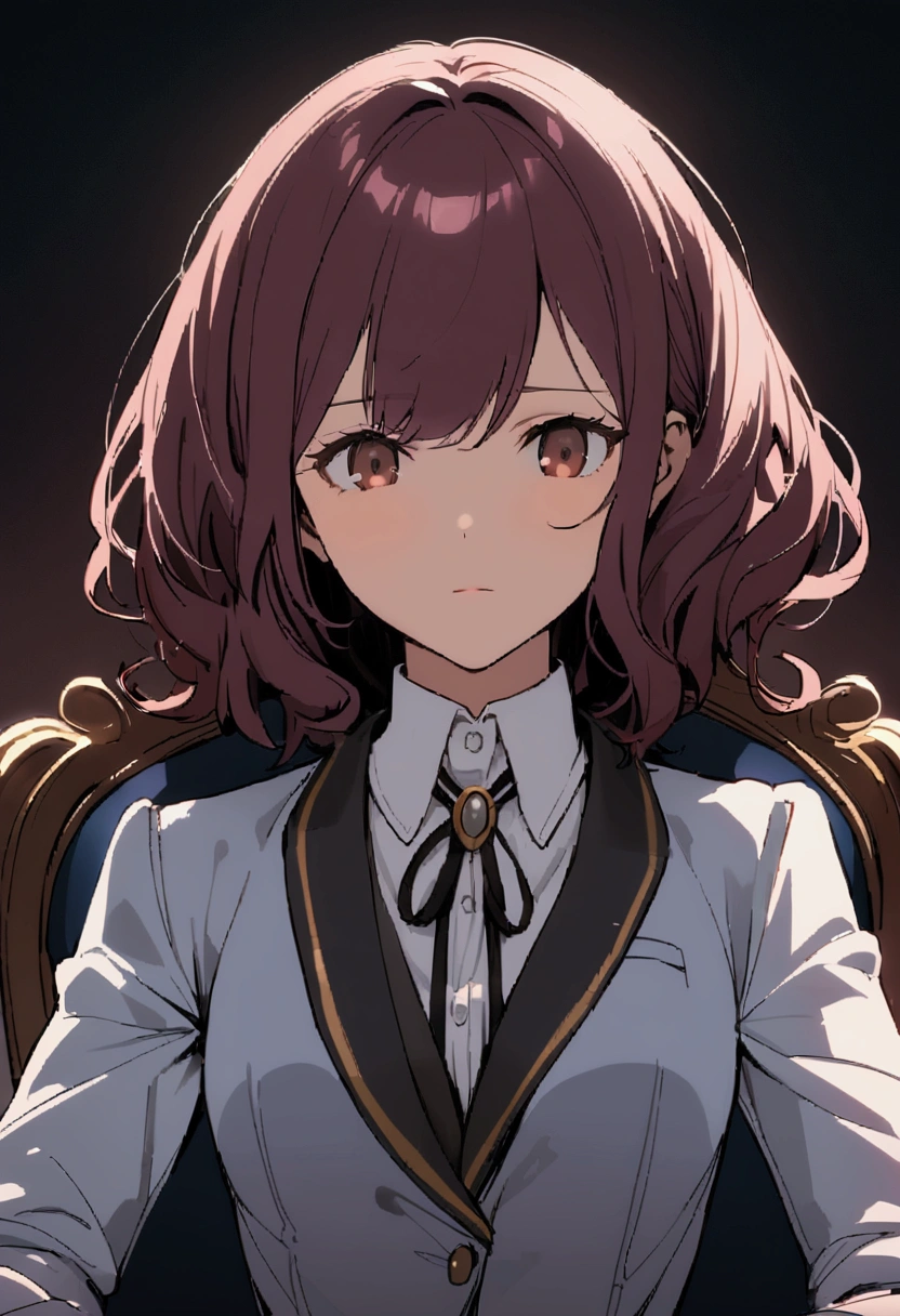 Teenage girl, tidy hair, short length hair, maroon hair, Brown eyes, posture of elegance, sitting in a chair, face neutral, white  shirt, school blue jacket