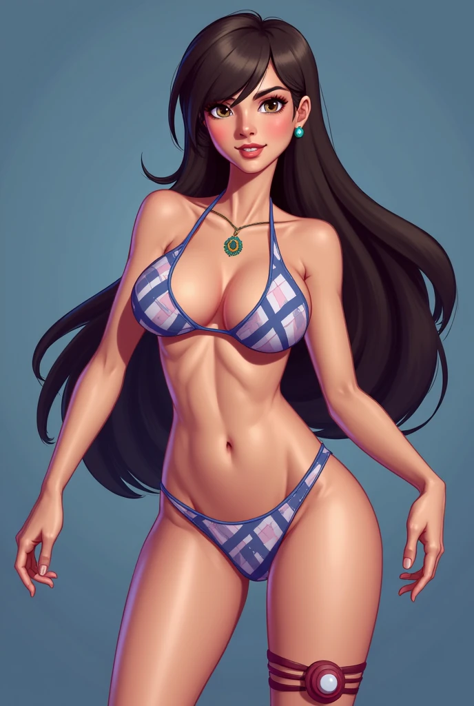 Curvy blue eyed girl with long wavy black hair and small breasts