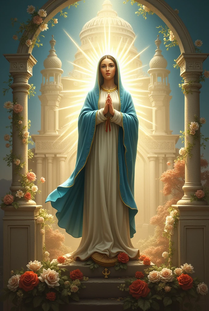 Image of the Virgin of Guadalupe with the Basilica of Guadalupe in the background