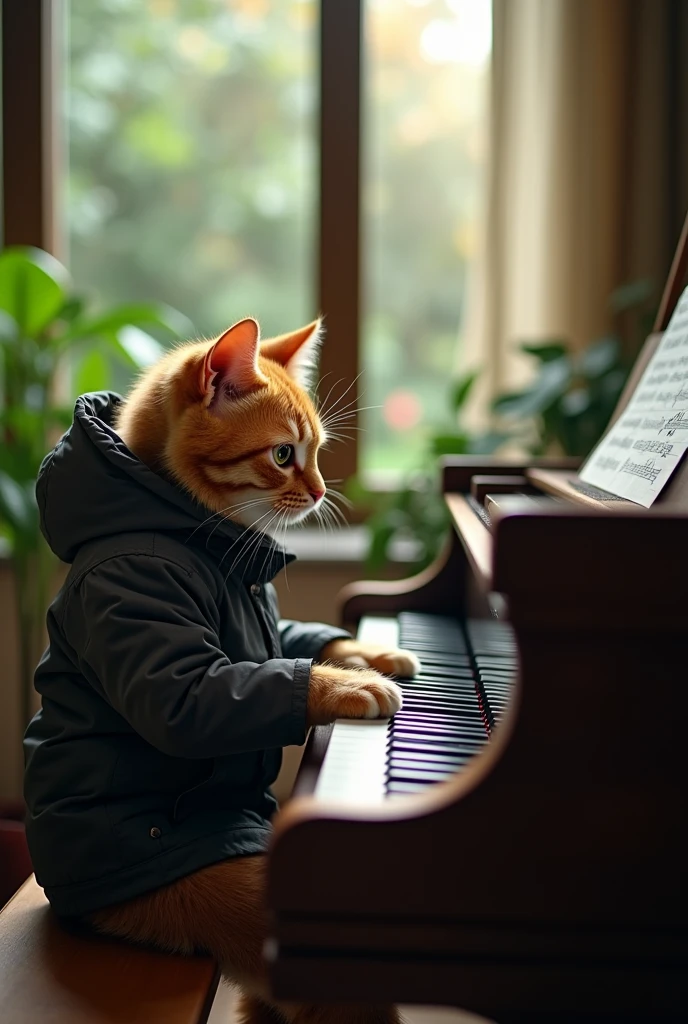 Young orange humanoid cat playing a song in front of a professional piano ,sitting in front of a window through which you can see an interior garden ,,has a black or grey waterproof urban warm jacket , he is playing the piano...Plano americano