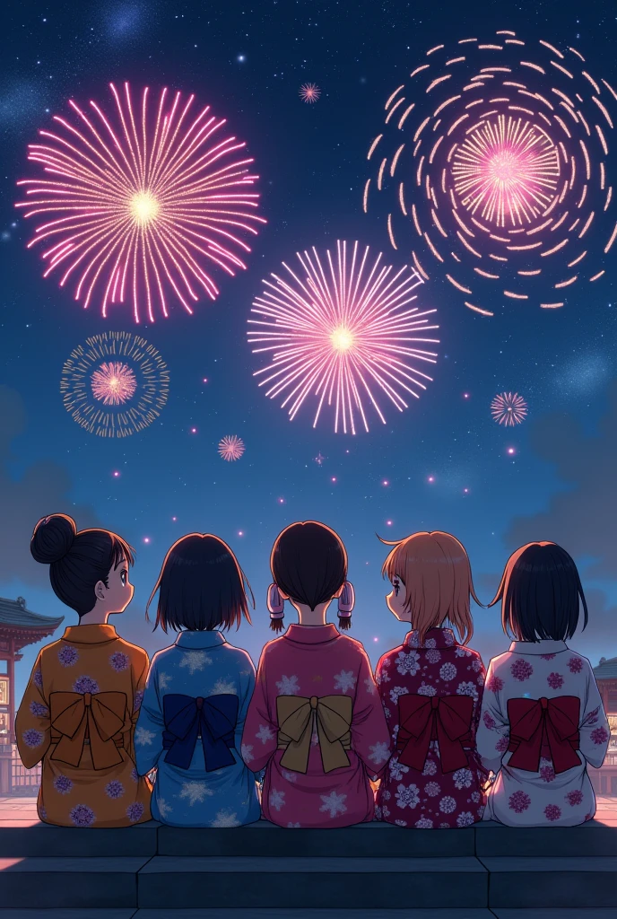 A group of five people in yukatas watching the fireworks. They are sitting on the stone steps and watching the fireworks. They are holding things they bought at a food stall. Their faces are facing forward.