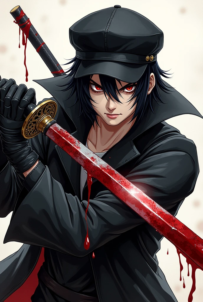 Light skinned, 25 years old Possessed swordsman with red pupils and short black hair wearing a black leather cap, black trenchcoat, black blood stained gloves and holding a blood stained Odachi (drawing style, not humanized)