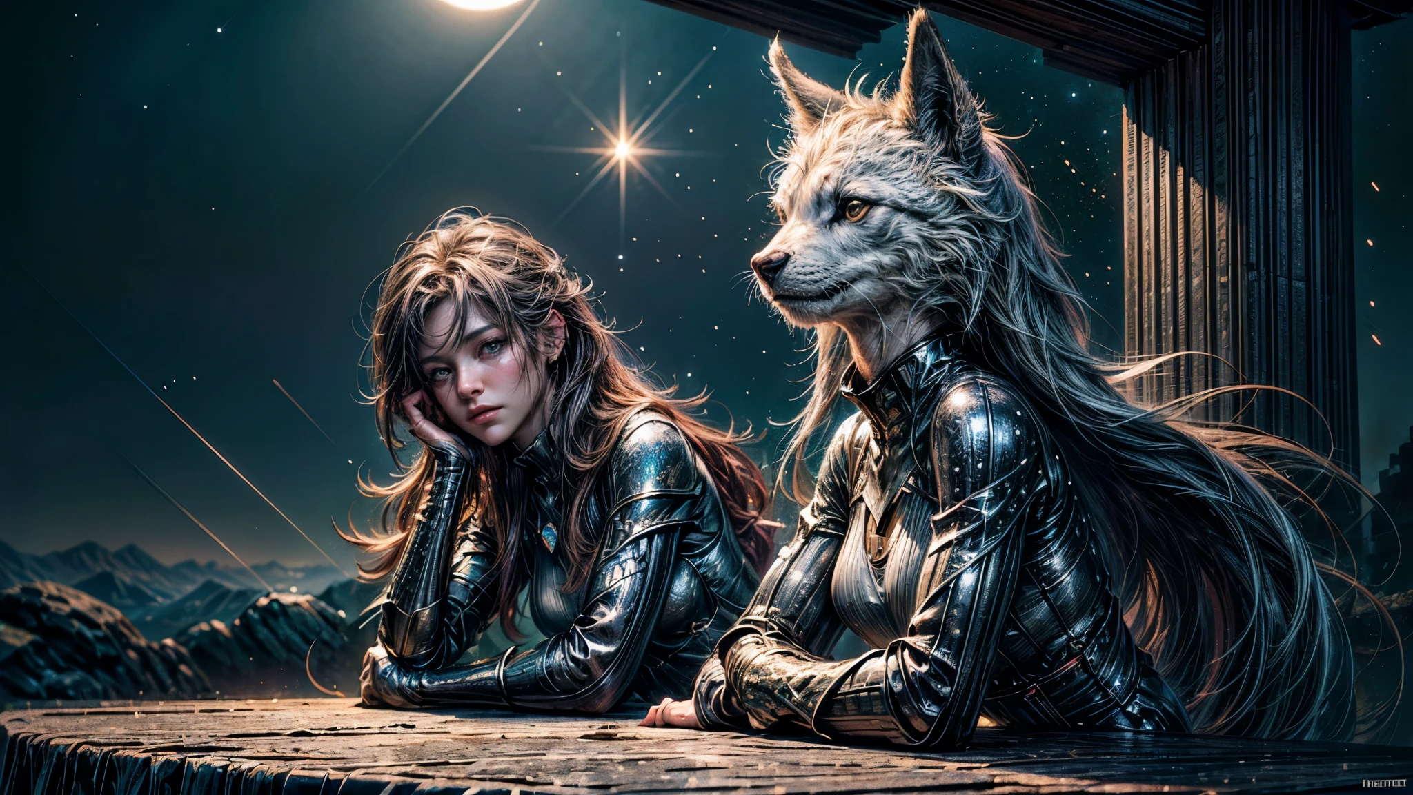 (Logo, Amazing, 8K, Tabletop, Raw Photo, Amazing, Top Quality, Photorealistic and Highly Detailed, CG, High Quality, Highly Detailed, Narrative Verse, Particle Effects, Dynamic Effects, Text Border the depth, cinematic lights, flares, raytracing, tabletop, realistic, ultra HD, fantasy), the wind, the beauty and brilliance of mountains and forests, the serenity and beauty of the world's grasslands and vast lands, Lakeside, wonderful scenery, beautiful natural scenery, night, starry sky, constellation, full moon, space, gorgeous, view, water, constellation, wonder, fantastic, meteor, magic, best illumination, best shadow
